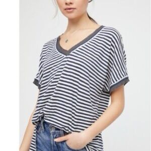 Free People We The Free Oversized Casual Striped V-Neck Tee Distressed Linen